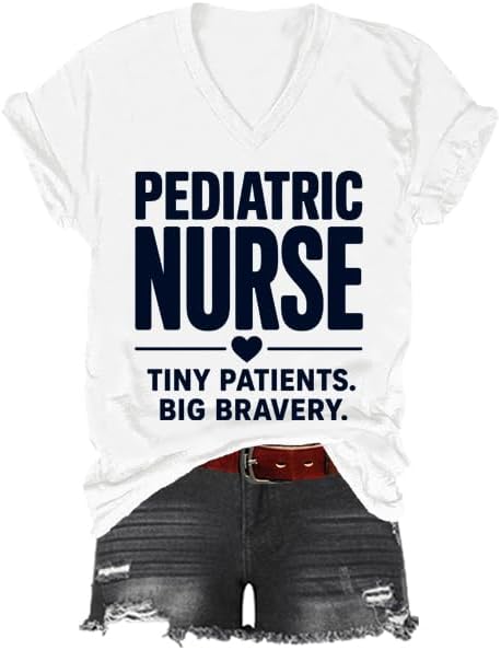 Pediatric Nurse Tiny Patients Big Bravery Shirt, NICU Nurse T-Shirt, Graphic Print V-Neck Tshirt for Women Men - White
