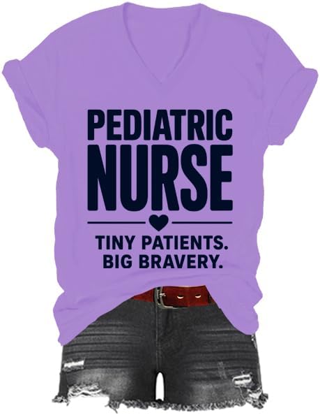 Pediatric Nurse Tiny Patients Big Bravery Shirt, NICU Nurse T-Shirt, Graphic Print V-Neck Tshirt for Women Men - Purple