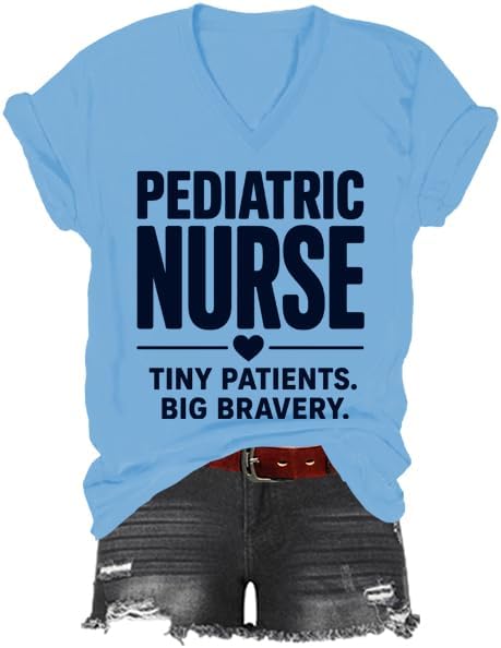 Pediatric Nurse Tiny Patients Big Bravery Shirt, NICU Nurse T-Shirt, Graphic Print V-Neck Tshirt for Women Men - Sky Blue