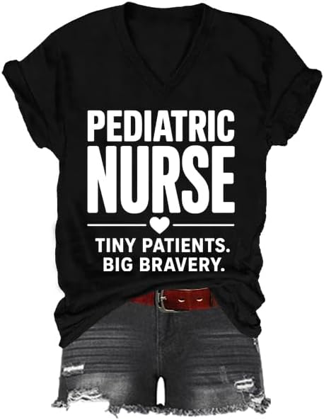Pediatric Nurse Tiny Patients Big Bravery Shirt, NICU Nurse T-Shirt, Graphic Print V-Neck Tshirt for Women Men - Black