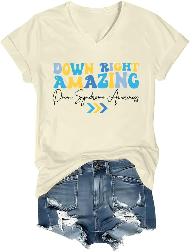 Down Right Amazing Shirt Down Syndrome Awareness Shirt V-Neck - Creamy Yellow