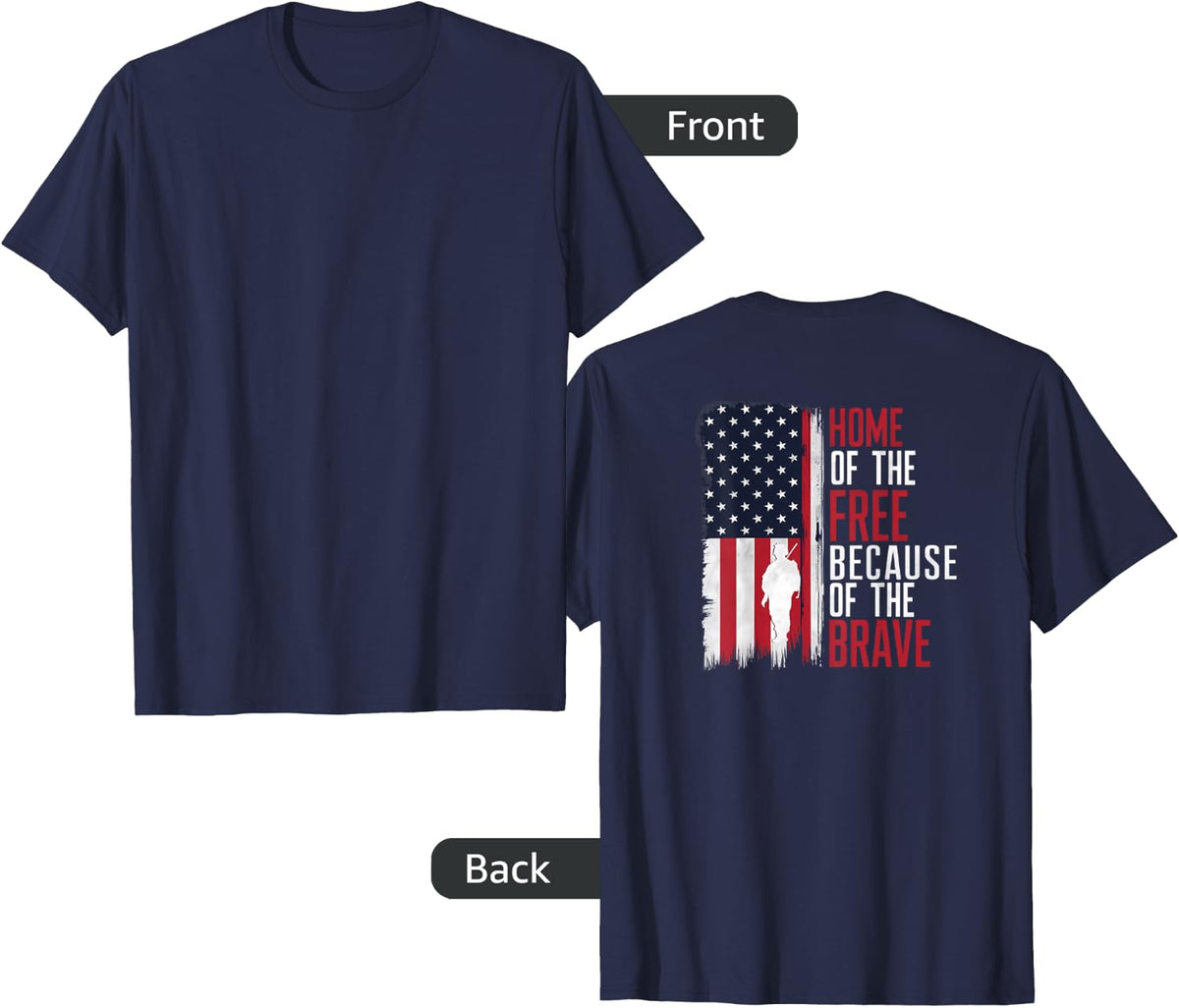 Home Of The Free Because Of The Brave Veterans Print On Back T-Shirt - Navy Blue