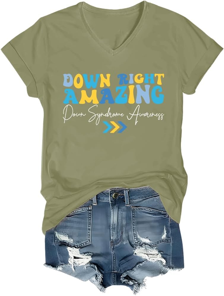 Down Right Amazing Shirt Down Syndrome Awareness Shirt V-Neck - Olive Green