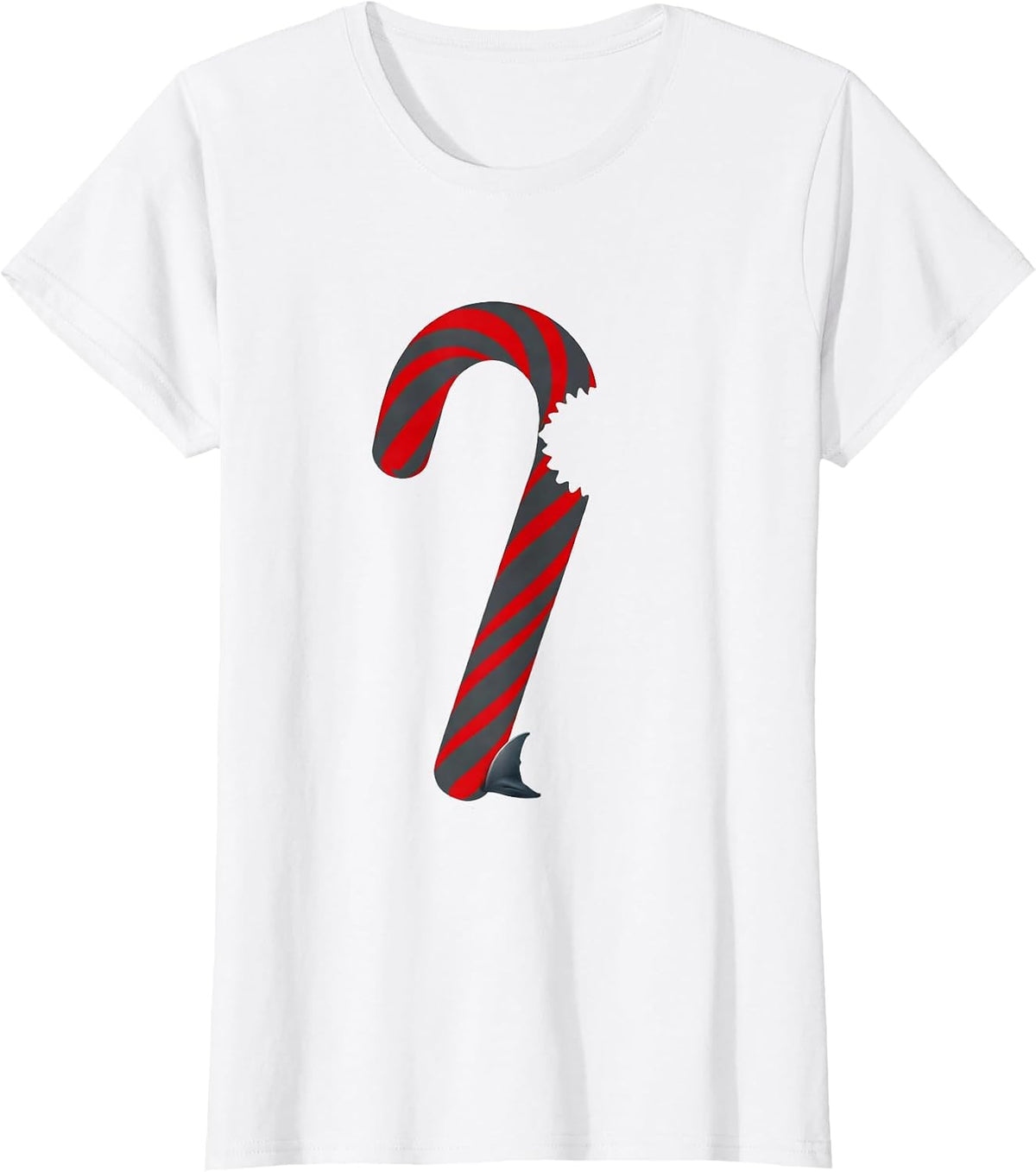 Women's Stripped Candy Cane Shark Minimalist Holiday Humor T-Shirt - White