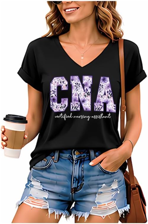 Floral CNA Shirt Nurse CNA Shirts for Women V Neck Tshirt - V-Neck 1-black