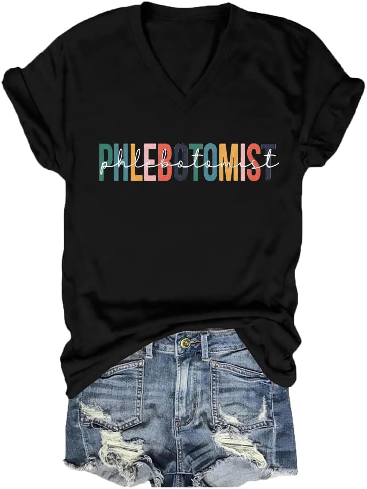 Phlebotomist Shirts for Women Funny Leopard Boho Graphic Tees V-Neck Phlebotomy Tech T Shirt Phleb Nurse Shirt - Black