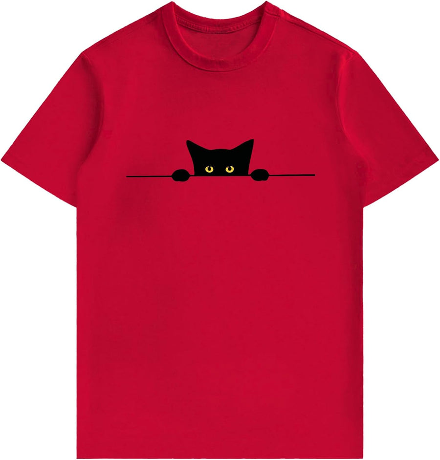 Unisex Premium Cotton T-Shirt with Playful Peeking Black Cat Graphic Regular Fit Casual Tee for Men & Women - Red