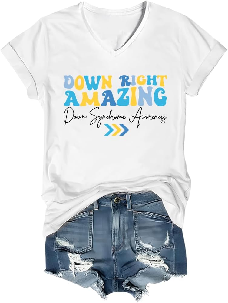 Down Right Amazing Shirt Down Syndrome Awareness Shirt V-Neck - White
