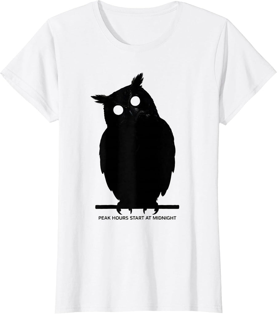 Women's Peak Hours Start At Midnight Funny Owl Lover Retro Humor T-Shirt - White