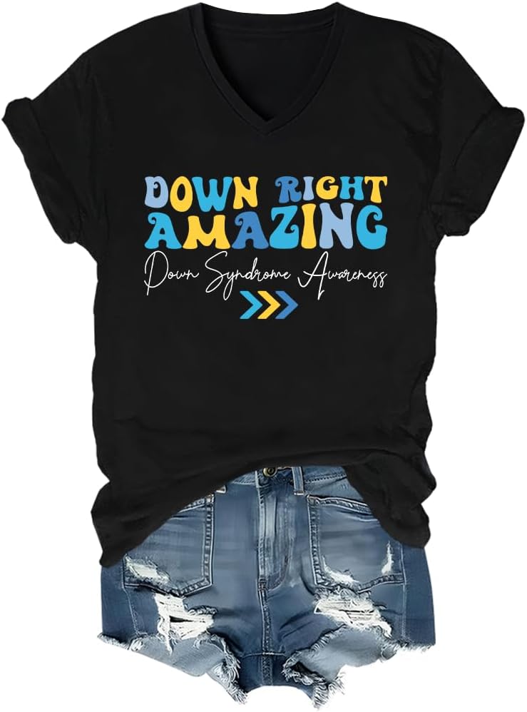 Down Right Amazing Shirt Down Syndrome Awareness Shirt V-Neck - Black