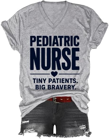 Pediatric Nurse Tiny Patients Big Bravery Shirt, NICU Nurse T-Shirt, Graphic Print V-Neck Tshirt for Women Men - Grey
