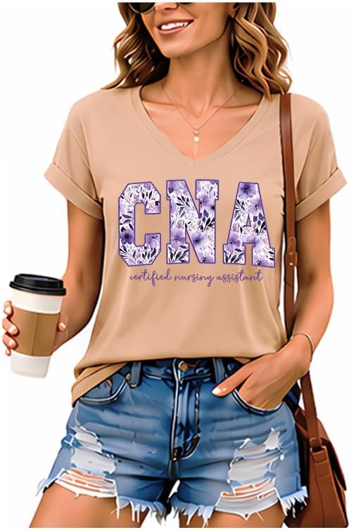 Floral CNA Shirt Nurse CNA Shirts for Women V Neck Tshirt - V-Neck 1-khaki