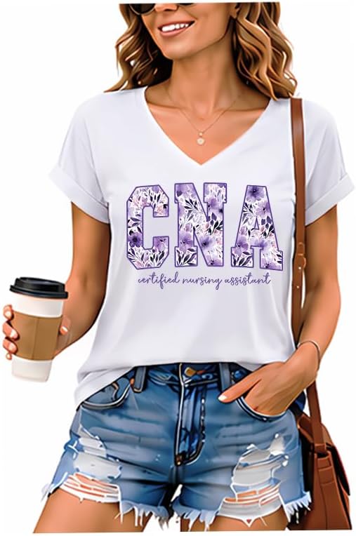 Floral CNA Shirt Nurse CNA Shirts for Women V Neck Tshirt - V-Neck 1-white