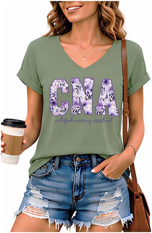 Floral CNA Shirt Nurse CNA Shirts for Women V Neck Tshirt - V-Neck 1-olive Green