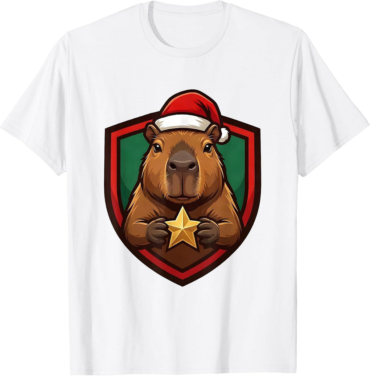 Men's Capybara Santa Hat Shield Badge Cute Christmas Animal Lover T-Shirt - White