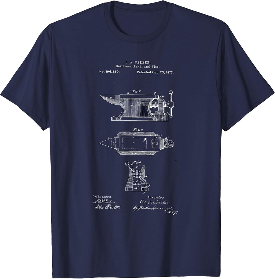 Antique Blacksmith Anvil Patent Print T-Shirt - Navy Blue