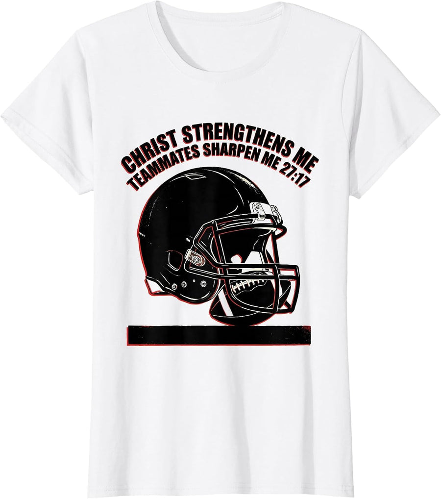 Women's Christ Strengthens Me Teammates Sharpen Me 27:17 Football T-Shirt - White