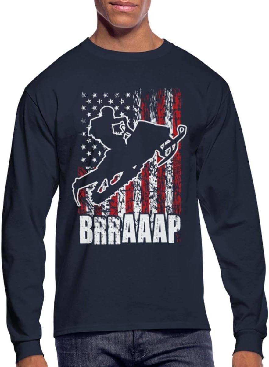 Snowmobile Riding USA Flag Men's Long Sleeve T-Shirt - Navy