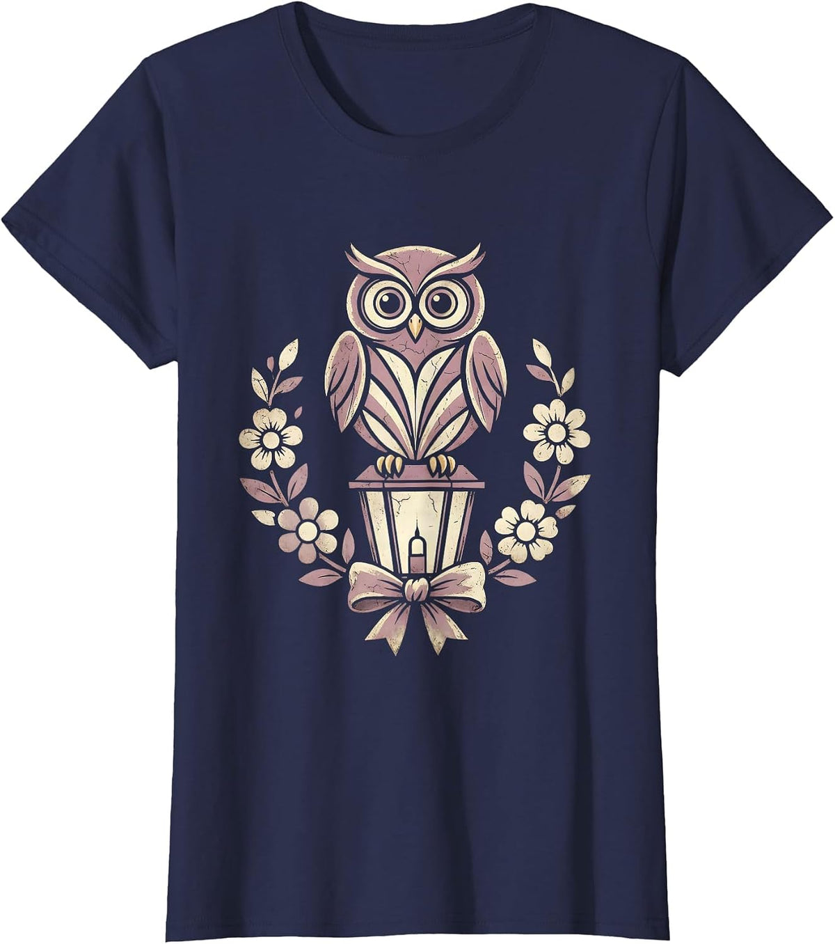 Women's Owl on Lantern Girls Halloween Graphic T-Shirt - Navy Blue