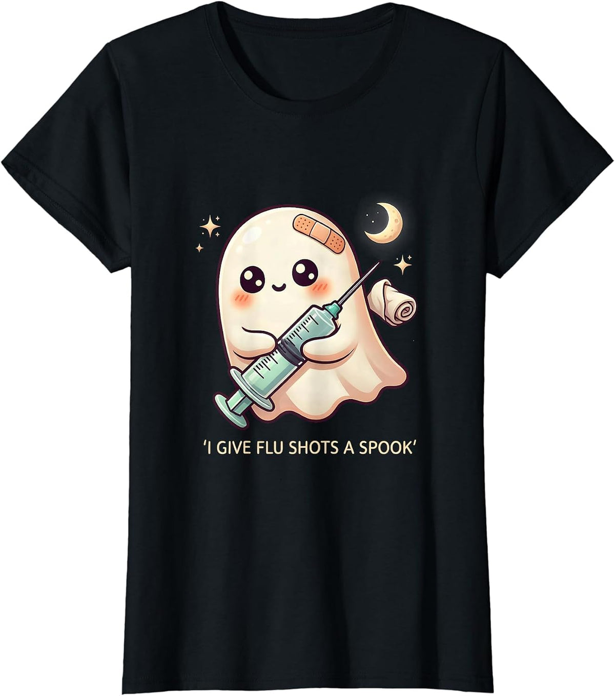 I Give Flu Shots A Spook Cute Kawaii Halloween Nurse Ghost T-Shirt - Black