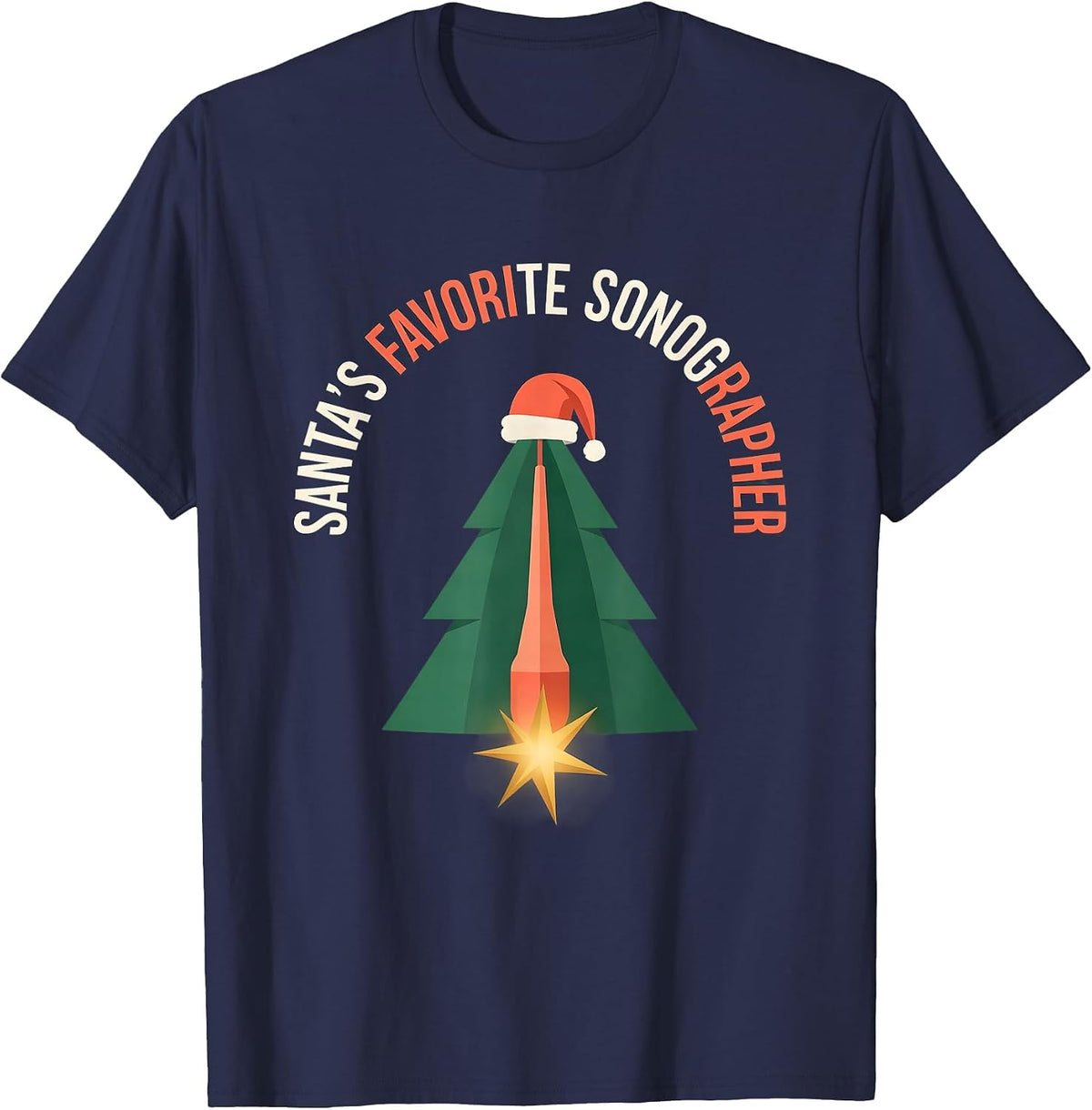 Santa's Favorite Sonographer Funny Radiology Tech Christmas T-Shirt - Navy Blue