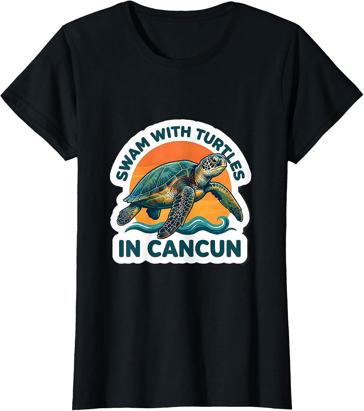 Women's Swam With Turtles In Cancun Sticker Style Tropical Souvenir T-Shirt - Black