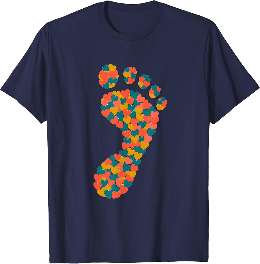 Pediatric Nurse Baby Footprint Hearts Illustration T-Shirt - Navy Blue