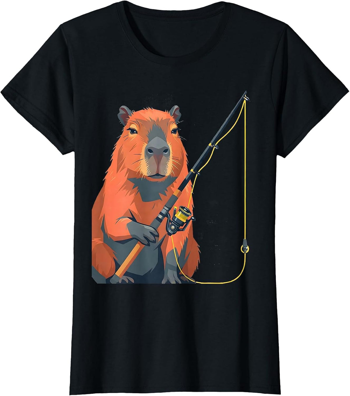 Capybara Fishing Rod Funny Animal Lover Meme T-Shirt - Black