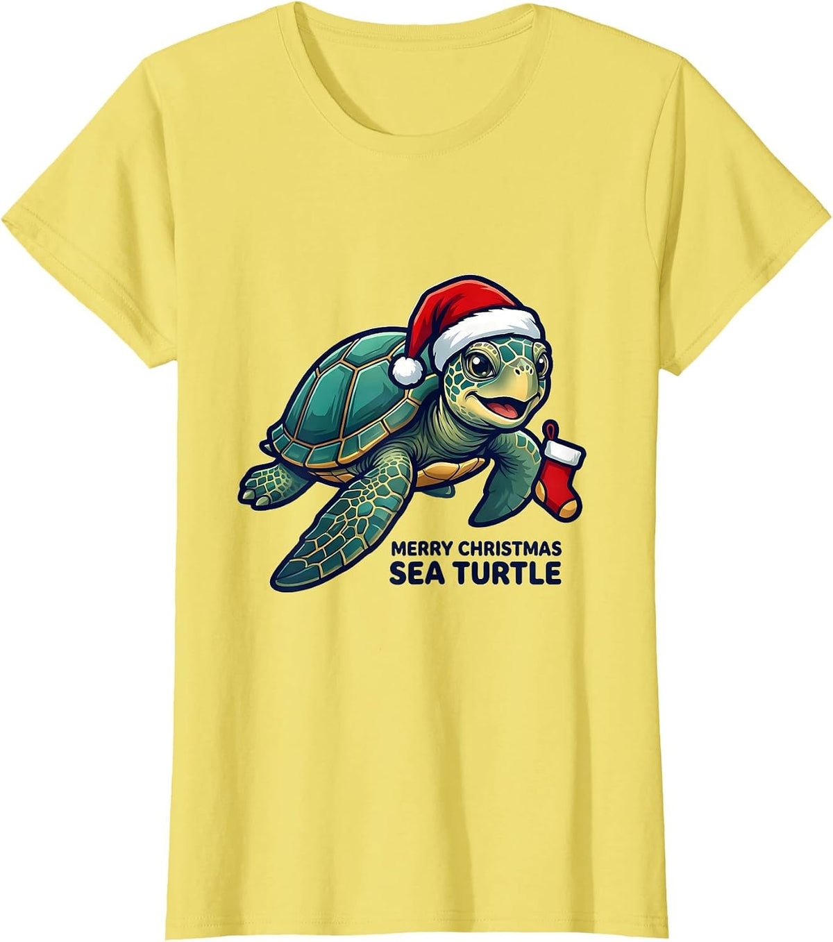 Merry Christmas Sea Turtle Santa Hat Whimsical Novelty Gift T-Shirt - Lemon Yellow
