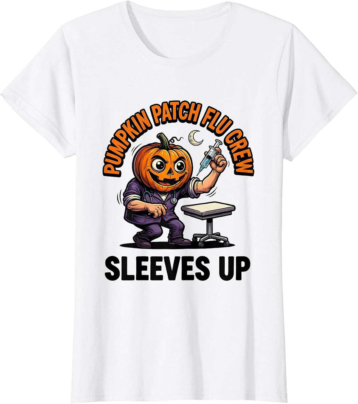 Pumpkin Patch Flu Crew Sleeves Up Funny Nurse Ghost T-Shirt - White