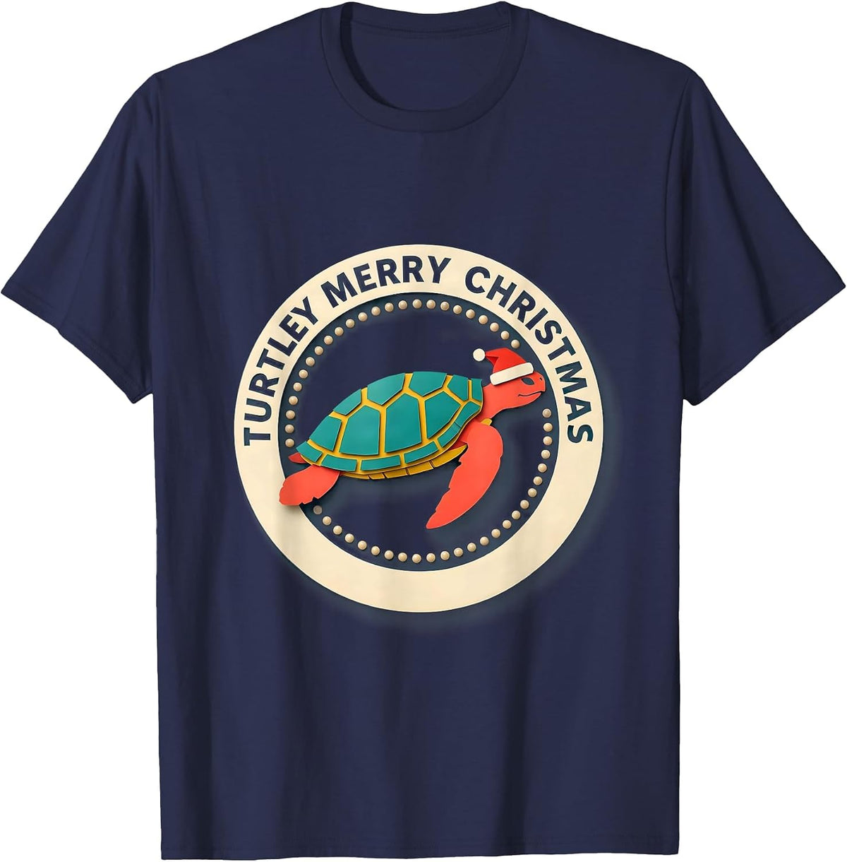 Men's Turtley Merry Christmas Whimsical Sea Turtle Santa Hat T-Shirt - Navy Blue