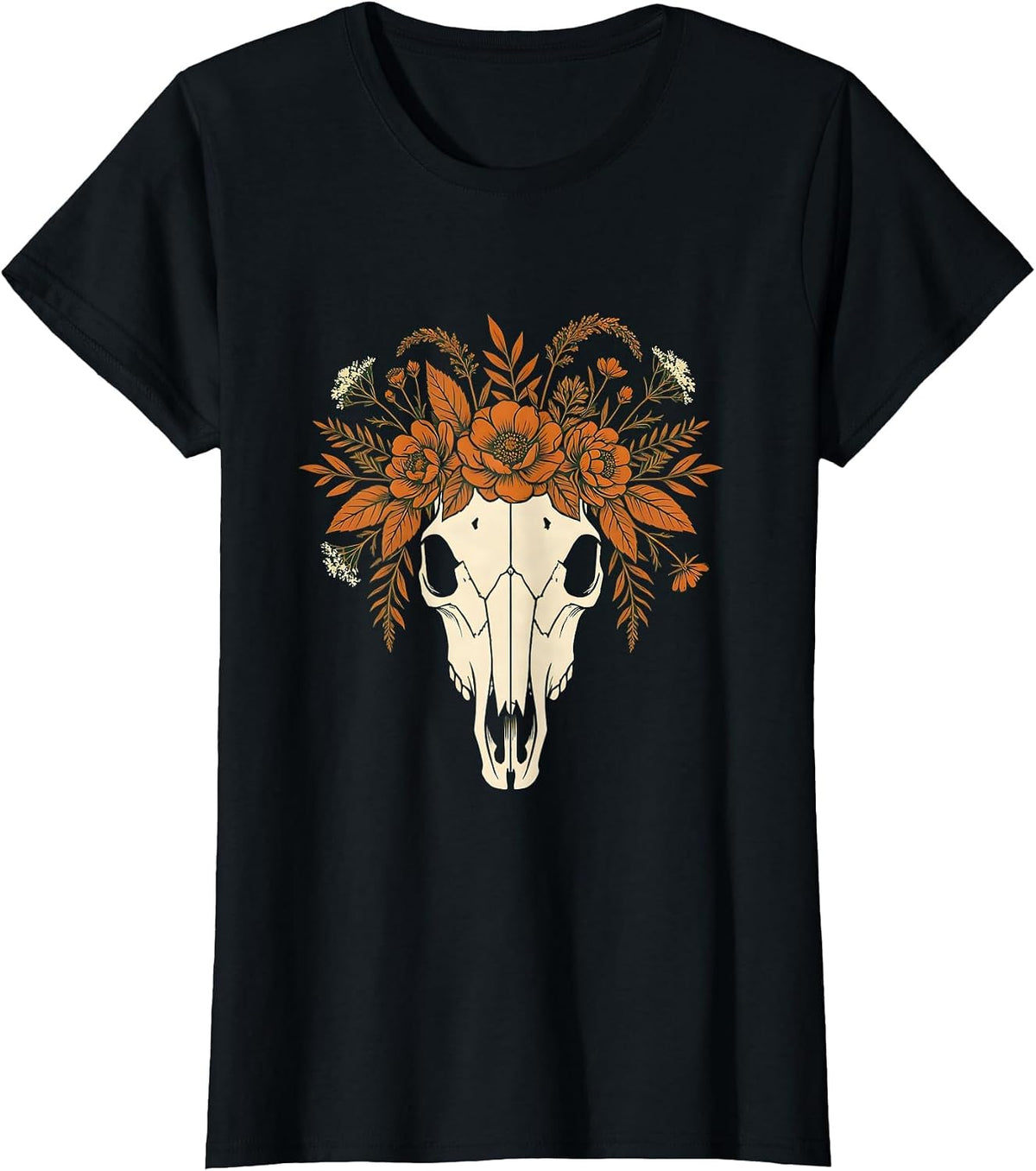 Horse Skull Flower Crown Boho Gothic Art T-Shirt - Black