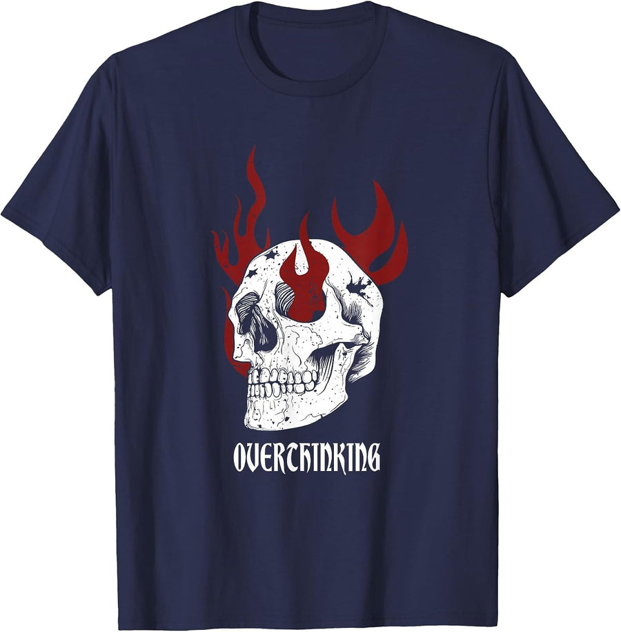 Overthinking Skull Y2K Goth Alt Grunge Gothic Emo Aesthetic T-Shirt - Navy Blue