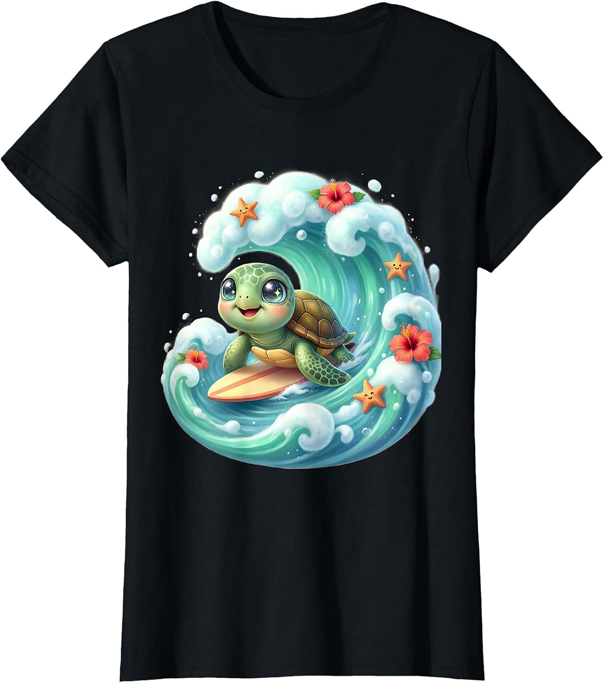 Baby Sea Turtle Surfing Wave Kids Hawaiian T-Shirt - Black