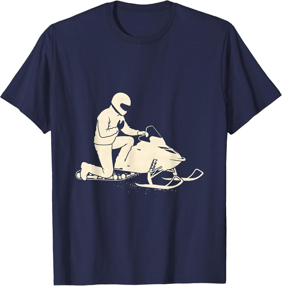 Helmeted Rider Snowmobile Silhouette Winter Humor T-Shirt - Navy Blue