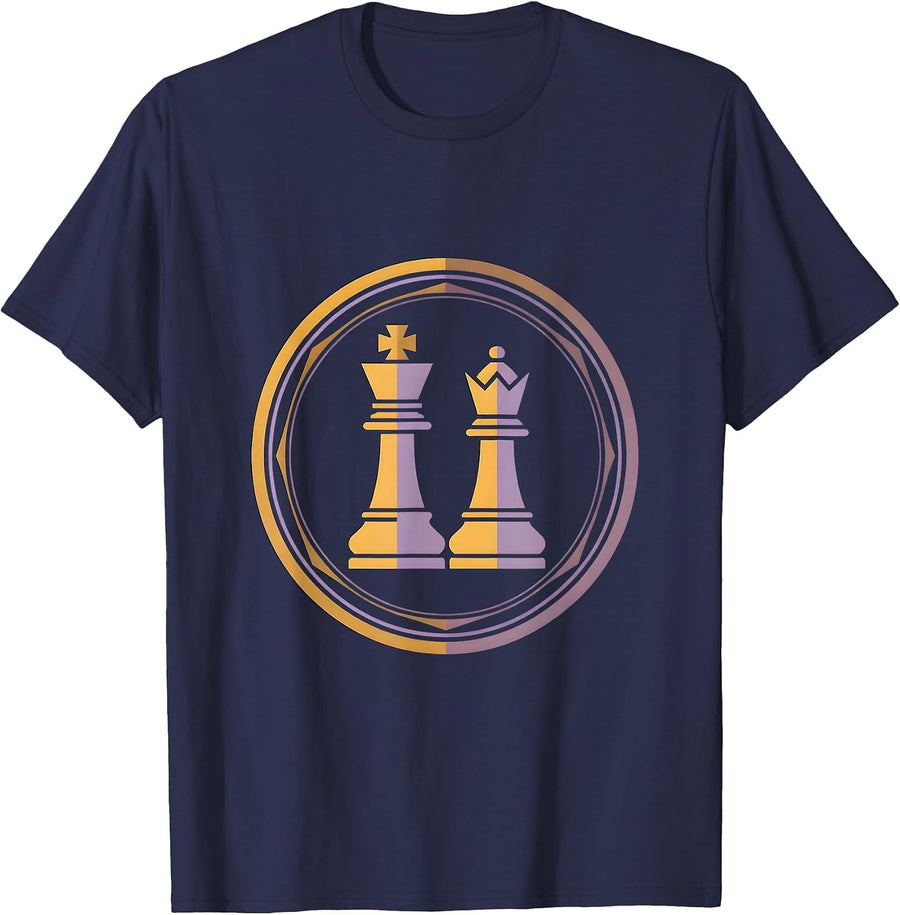 King and Queen Chess Pieces Matching Couples Design T-Shirt - Navy Blue