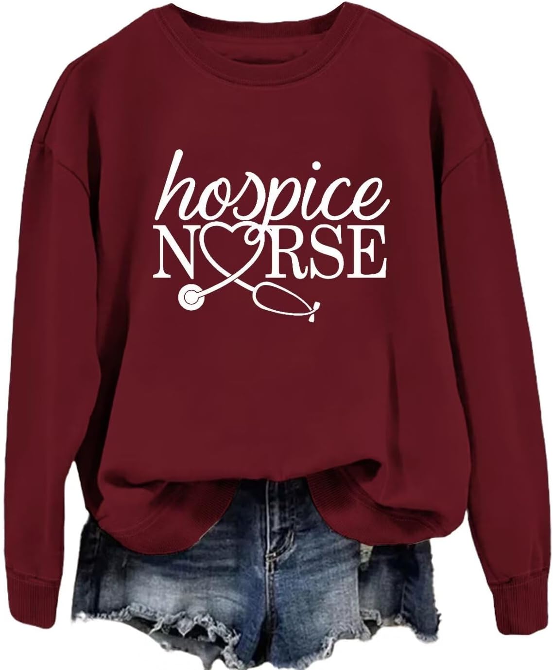 Hospice Nurse Sweatshirts for Women Crewneck Funny Graphic Sweatshirt Long Sleeve Nursing Student Casual Pullover - Wine Red