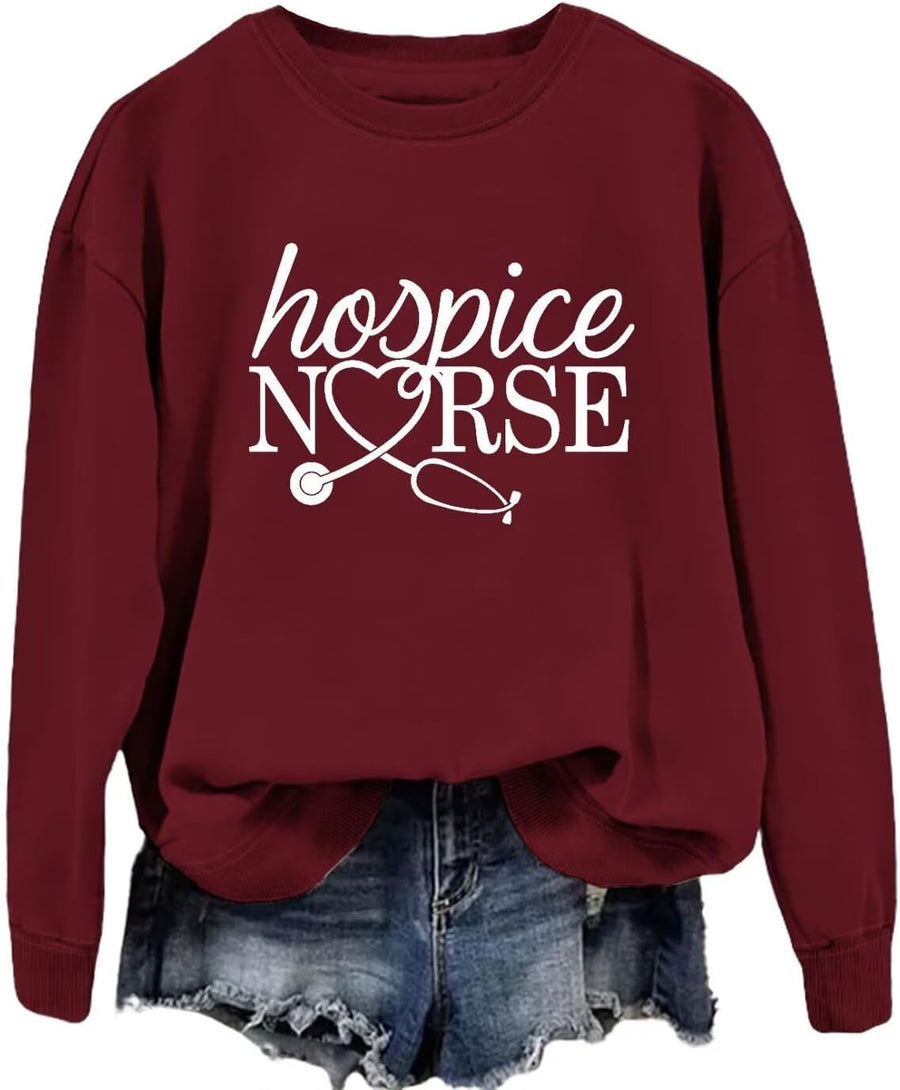 Hospice Nurse Sweatshirts for Women Crewneck Funny Graphic Sweatshirt Long Sleeve Nursing Student Casual Pullover - Wine Red