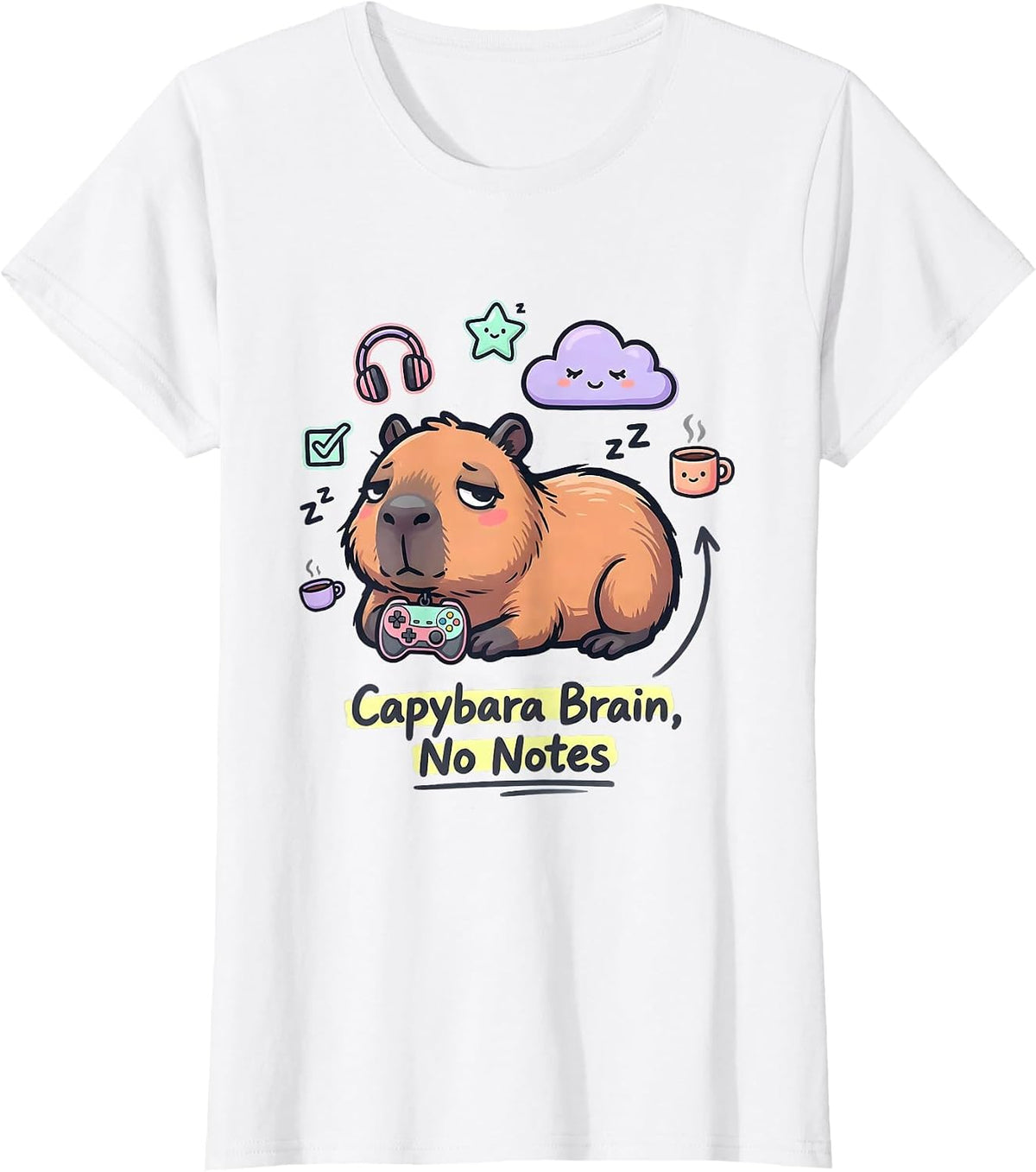 Capybara Brain No Notes Funny Gamer Kawaii Doodle Meme T-Shirt - White
