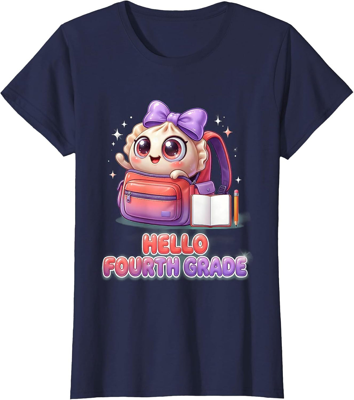 Women's Hello Fourth Grade Cute Dumpling Kawaii Back to School Girl T-Shirt - Navy Blue
