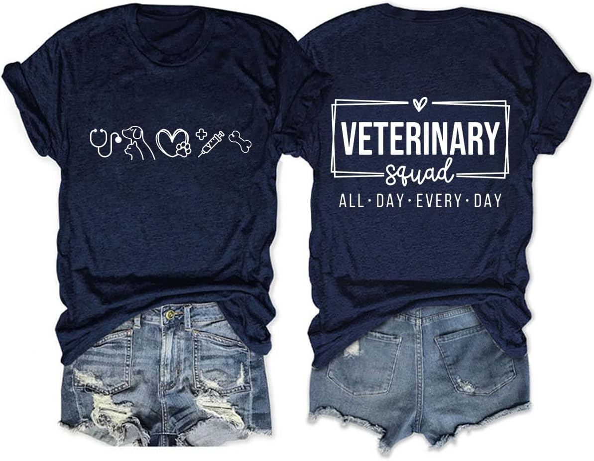 Veterinary Crew Shirts, Veterinarian, Vet Technician, Womens Cute Animal Graphic Front & Back Print Crewneck Tops - Navy Blue