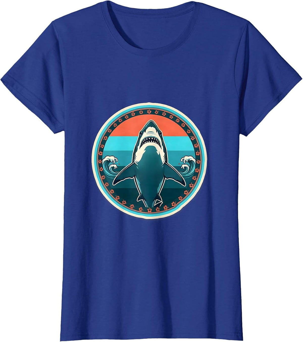 Women's Great White Shark Ocean Silhouette Hawaiian Design T-Shirt - Royal Blue