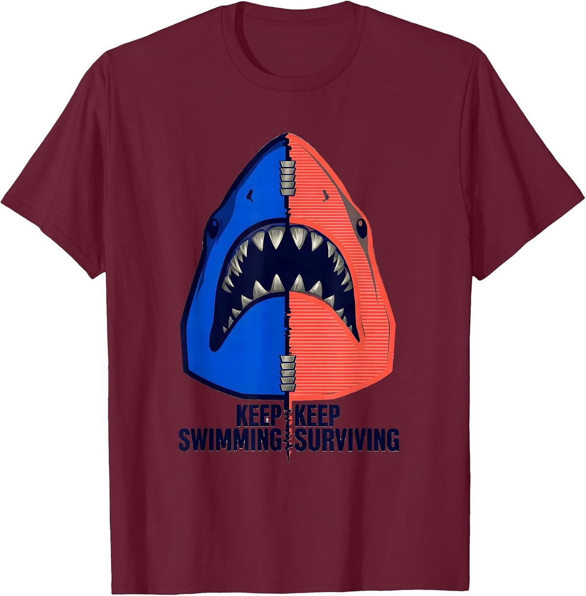 Men's Keep Swimming Keep Surviving Shark Design T-Shirt - Burgundy