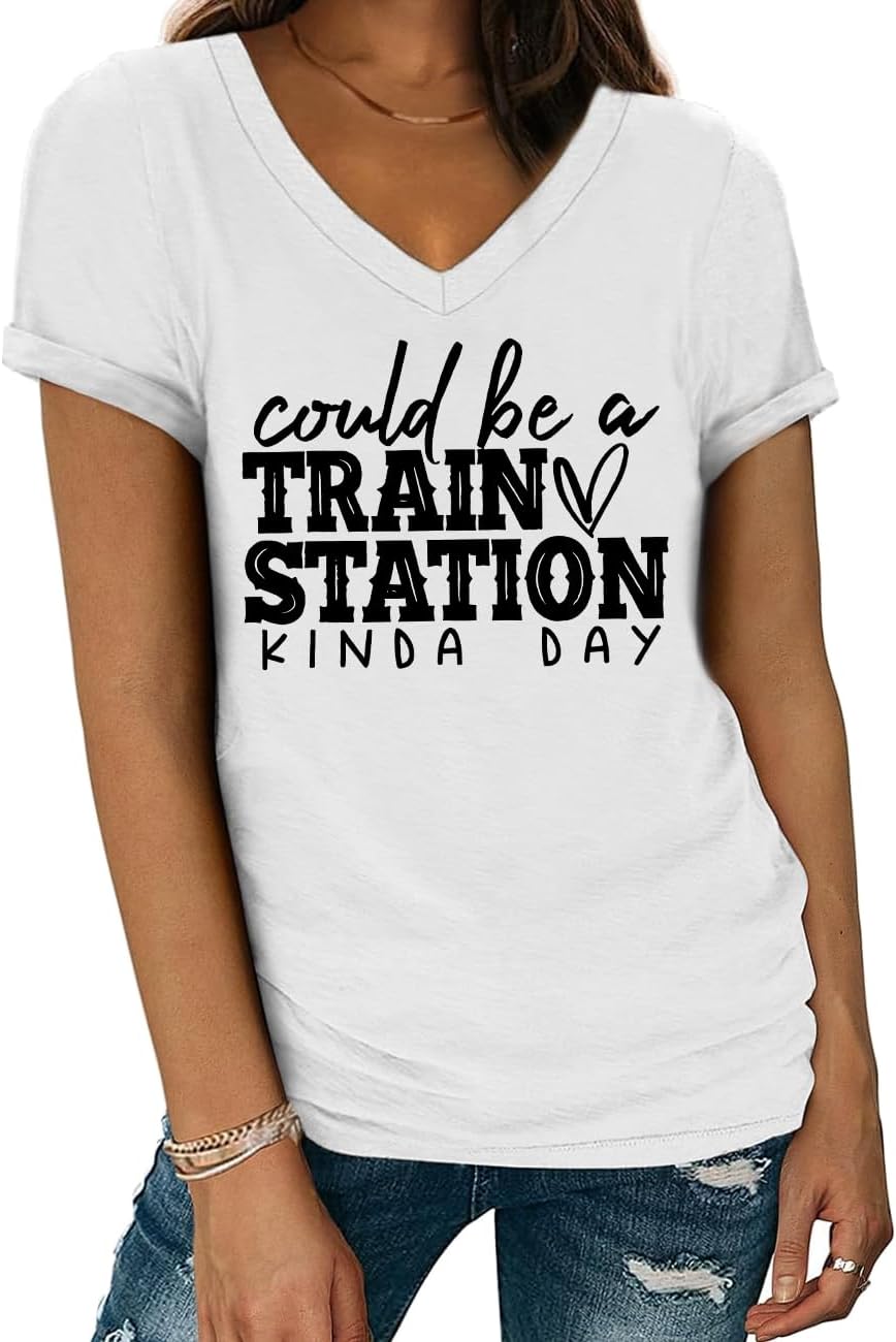 Could Be A Train Station Kind of Day Shirt V Neck Train Station Tshirts for Women Men - White