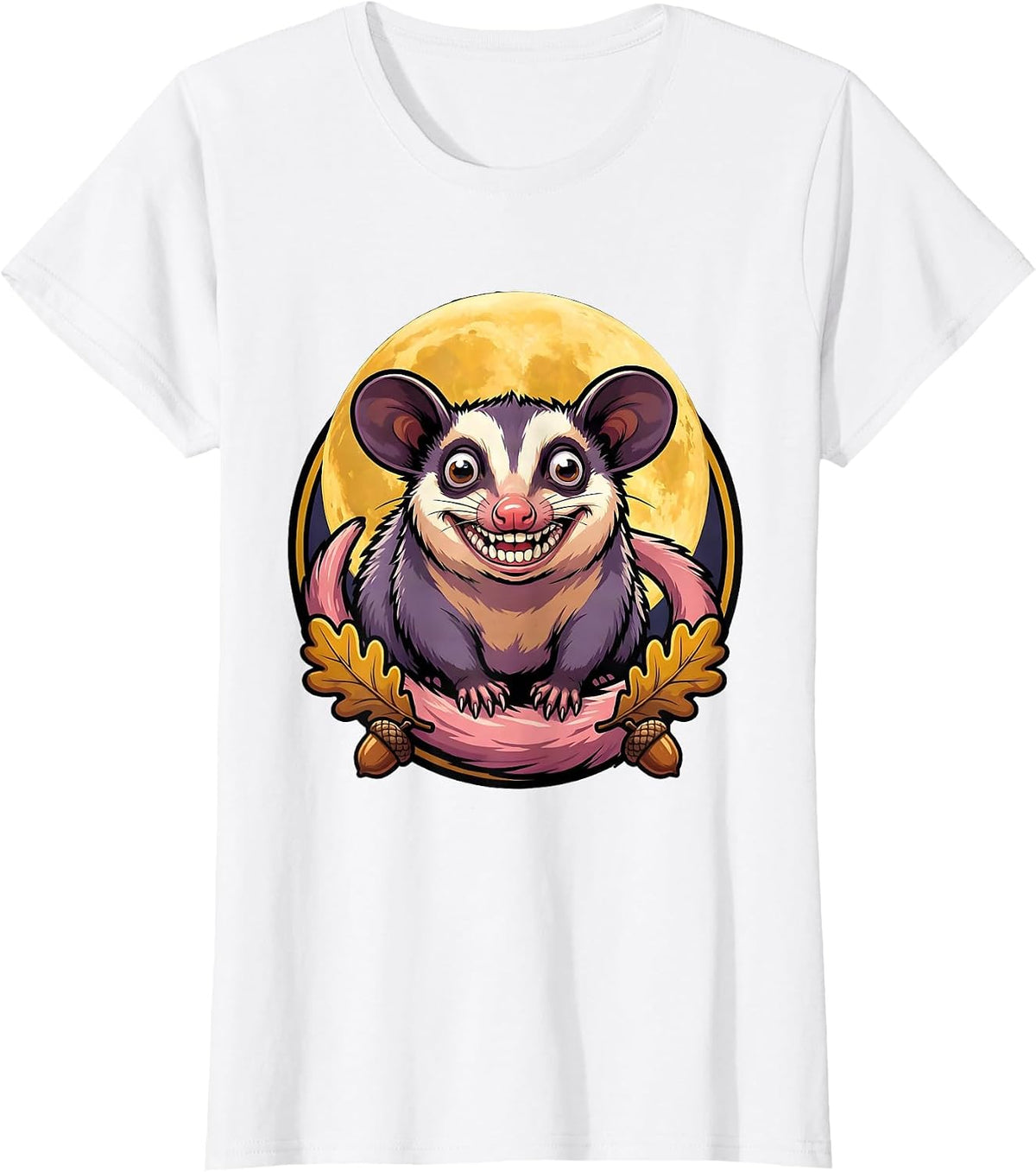 Opossum Foraging Under Full Moon Night Art T-Shirt - White