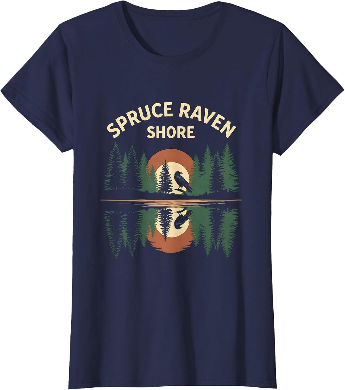 Women's Spruce Raven Shore Vintage Forest Wildlife Retro Nature T-Shirt - Navy Blue