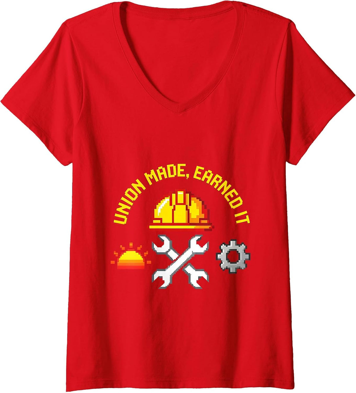 Women's Union Made, Earned It Retro Badge Design V-Neck T-Shirt - Red