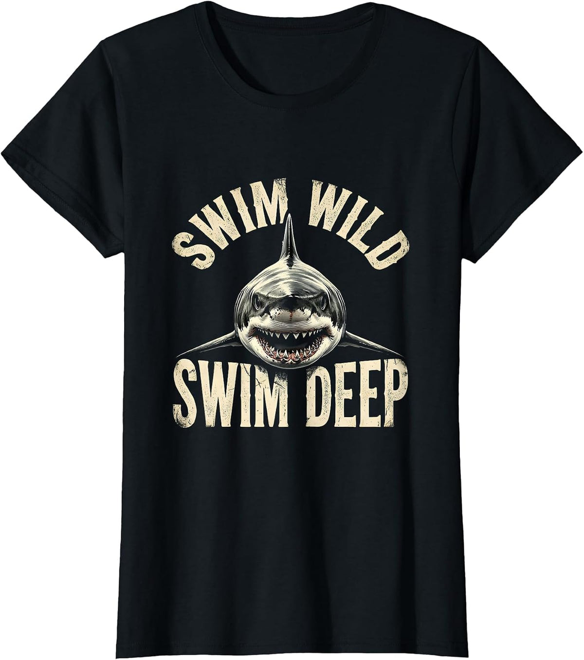 Women's Swim Wild Swim Deep Shark Graphic Design T-Shirt - Black