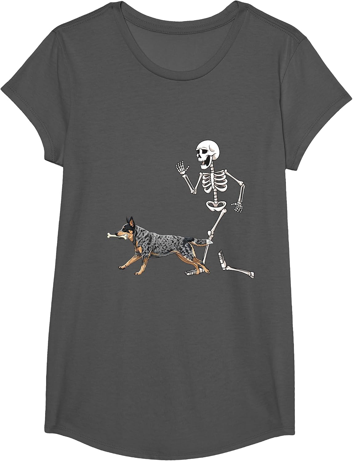 Funny Halloween Australian Cattle Dog and Skeleton T-Shirt - Girls Asphalt Grey