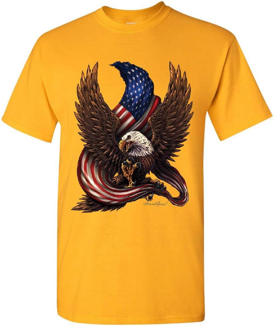 USA Stars and Stripes T-Shirt Patriot American Pride Bald Eagle Mens Tee Shirt - Yellow